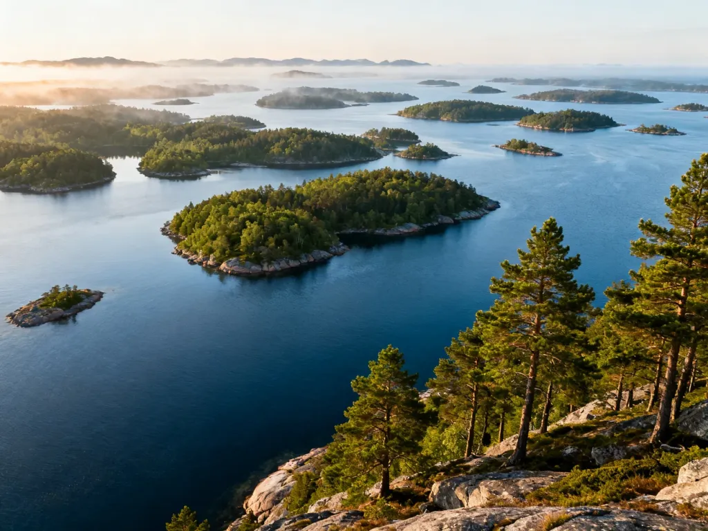 Rozległy skandynawski archipelag z tysiącami zielonych wysp rozsianych na spokojnym, błękitnym morzu w porannym świetle.