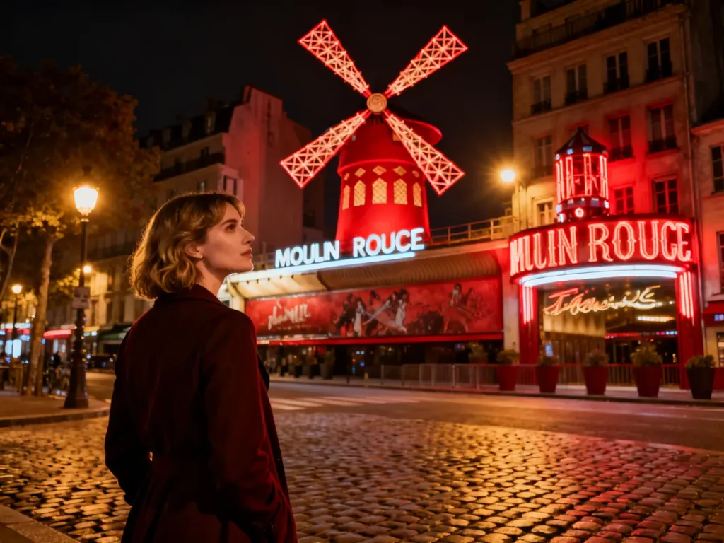 Kobieta podziwiająca oświetlony budynek Moulin Rouge w Paryżu z charakterystycznym czerwonym wiatrakiem w tle.