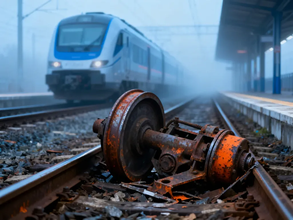 Zardzewiały, uszkodzony mechanizm koła pociągu na torach, obrazujący techniczną awarię taboru kolejowego.