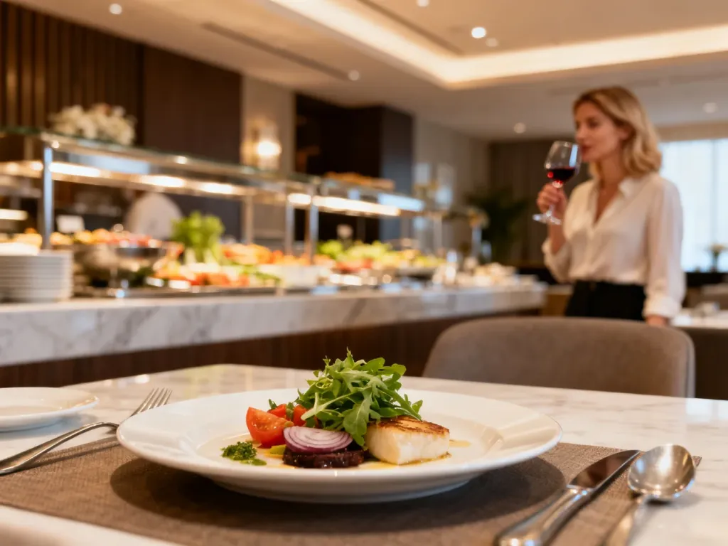 Elegancko nakryty stół w hotelowej restauracji z wykwintnym daniem oraz widocznym w tle bufetem.