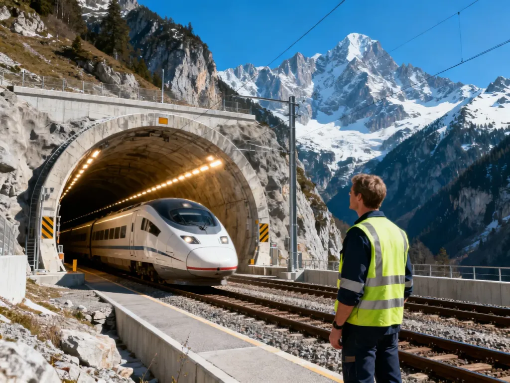 Nowoczesny pociąg wyjeżdżający z tunelu w zaśnieżonych Alpach Austriackich w obecności inżyniera nadzorującego budowę.