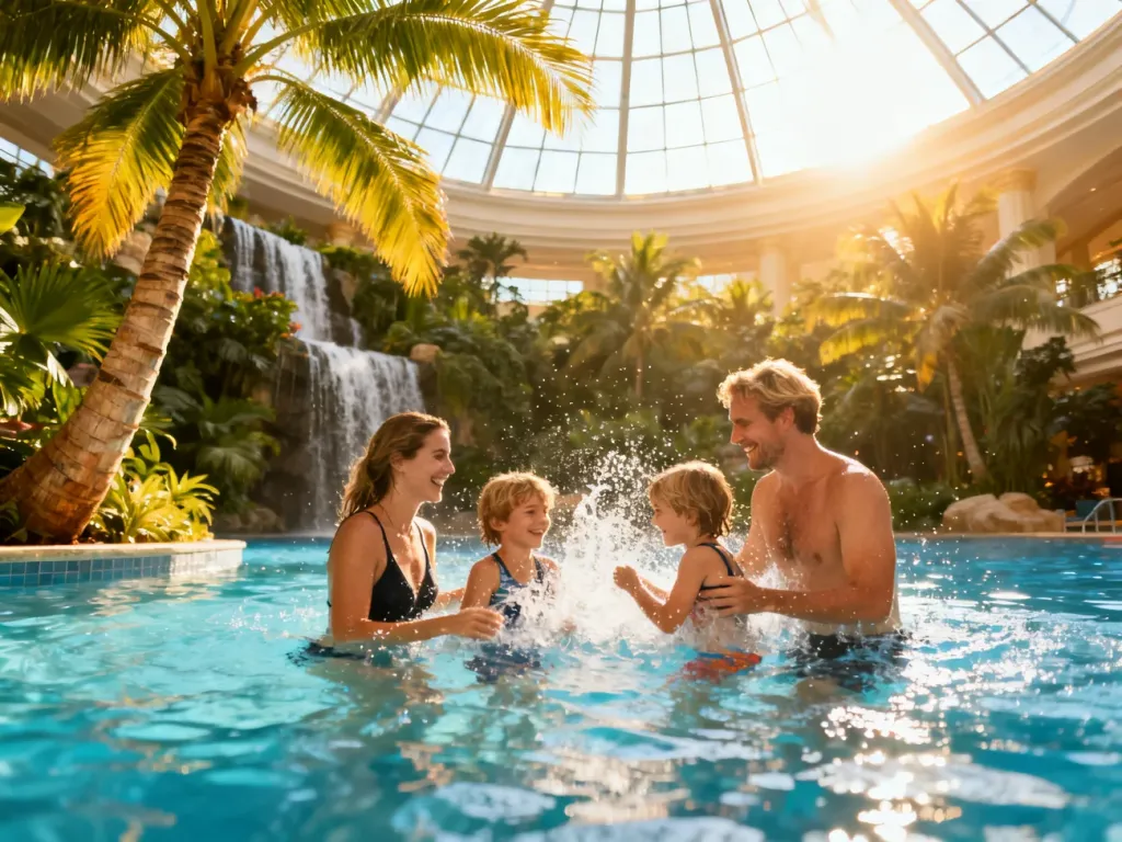 Szczęśliwa rodzina bawi się w basenie w Tropical Islands w otoczeniu tropikalnej roślinności.