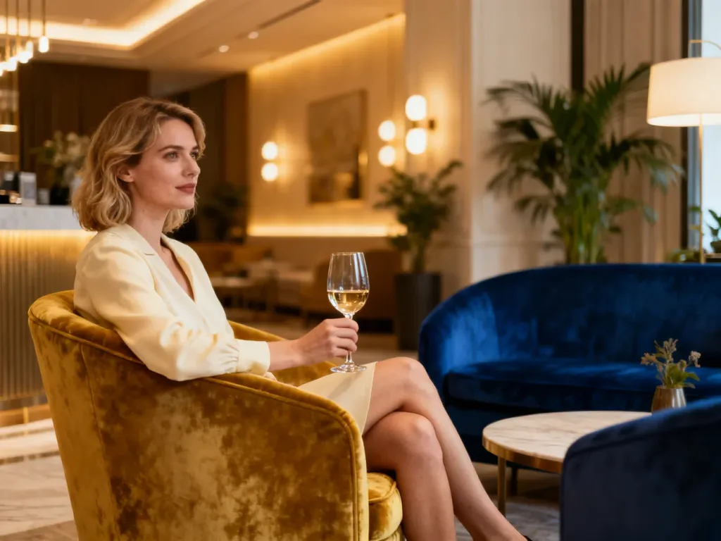 Eleganckie wnętrze lobby hotelu butikowego z kobietą relaksującą się w fotelu przy kieliszku wina.