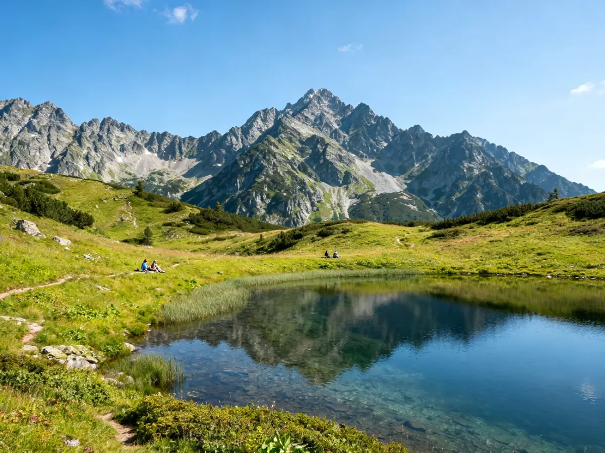 Widok na Tatry Słowackie z górskim jeziorem i szczytami w tle
