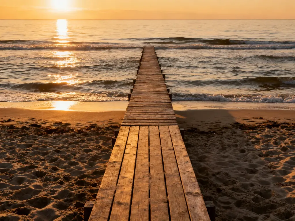 Piaszczysta plaża z drewnianym molo o zachodzie słońca nad spokojnym Bałtykiem.