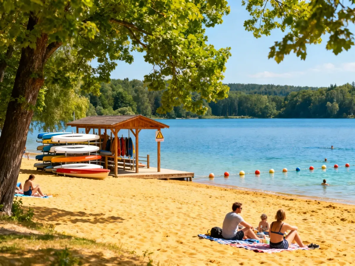 Rodzinny wypoczynek nad Bobrowym Rozlewiskiem z plażą i sprzętem wodnym