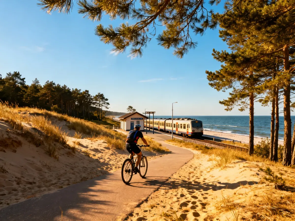 Rowerzysta na nadmorskiej trasie w pobliżu stacji kolejowej na Półwyspie Helskim