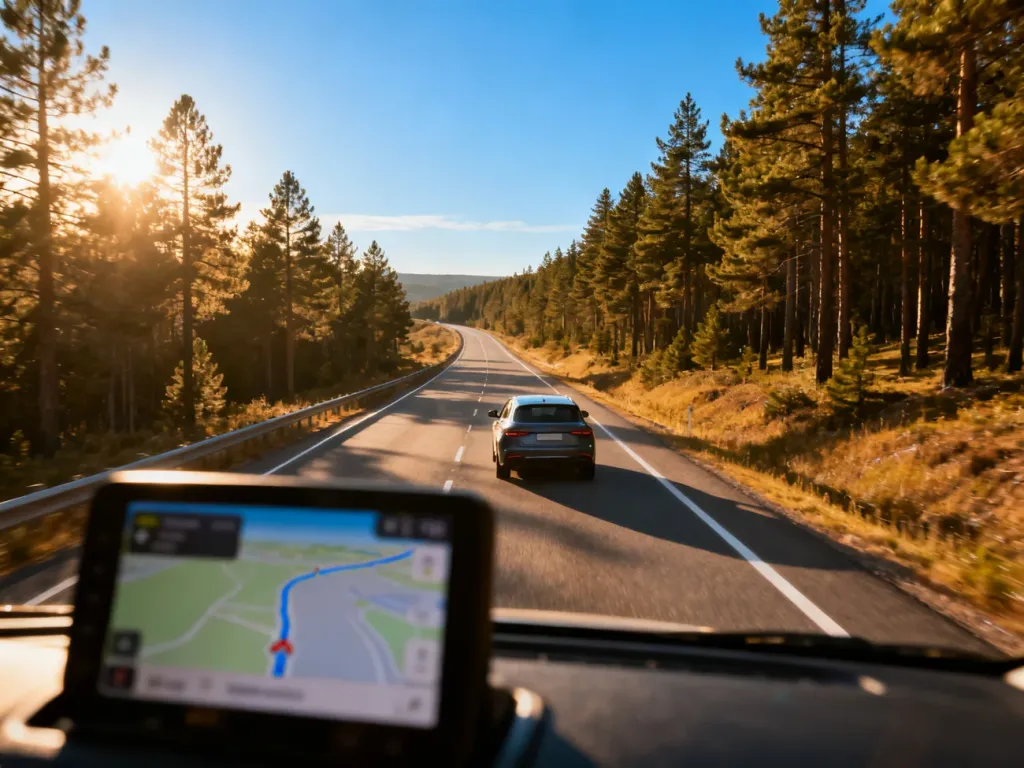 Nowoczesny samochód jadący słoneczną autostradą w stronę morza, z widoczną nawigacją wyznaczającą trasę podróży.