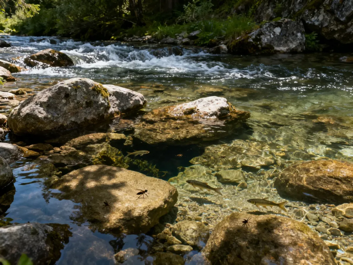 Naturalny, kamienisty odcinek rzeki sprzyjający pstrągom