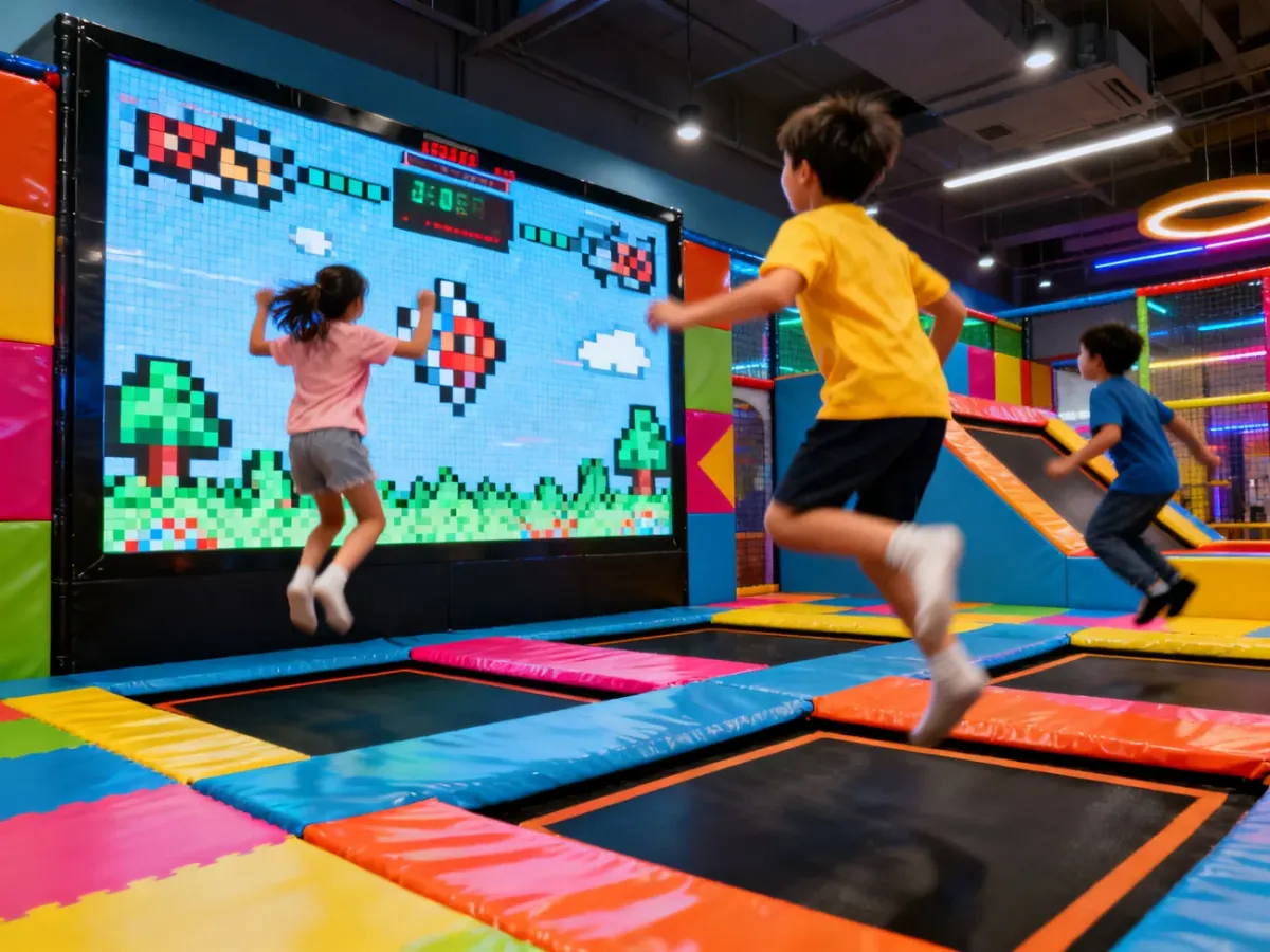 Dzieci bawiące się na trampolinach w centrum Saltos