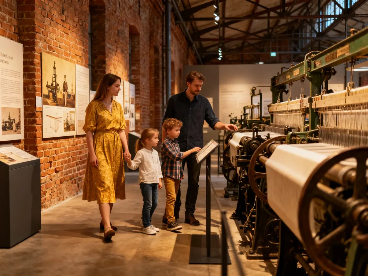Rodzina zwiedzająca Muzeum Fabryki w zabytkowym budynku przemysłowym