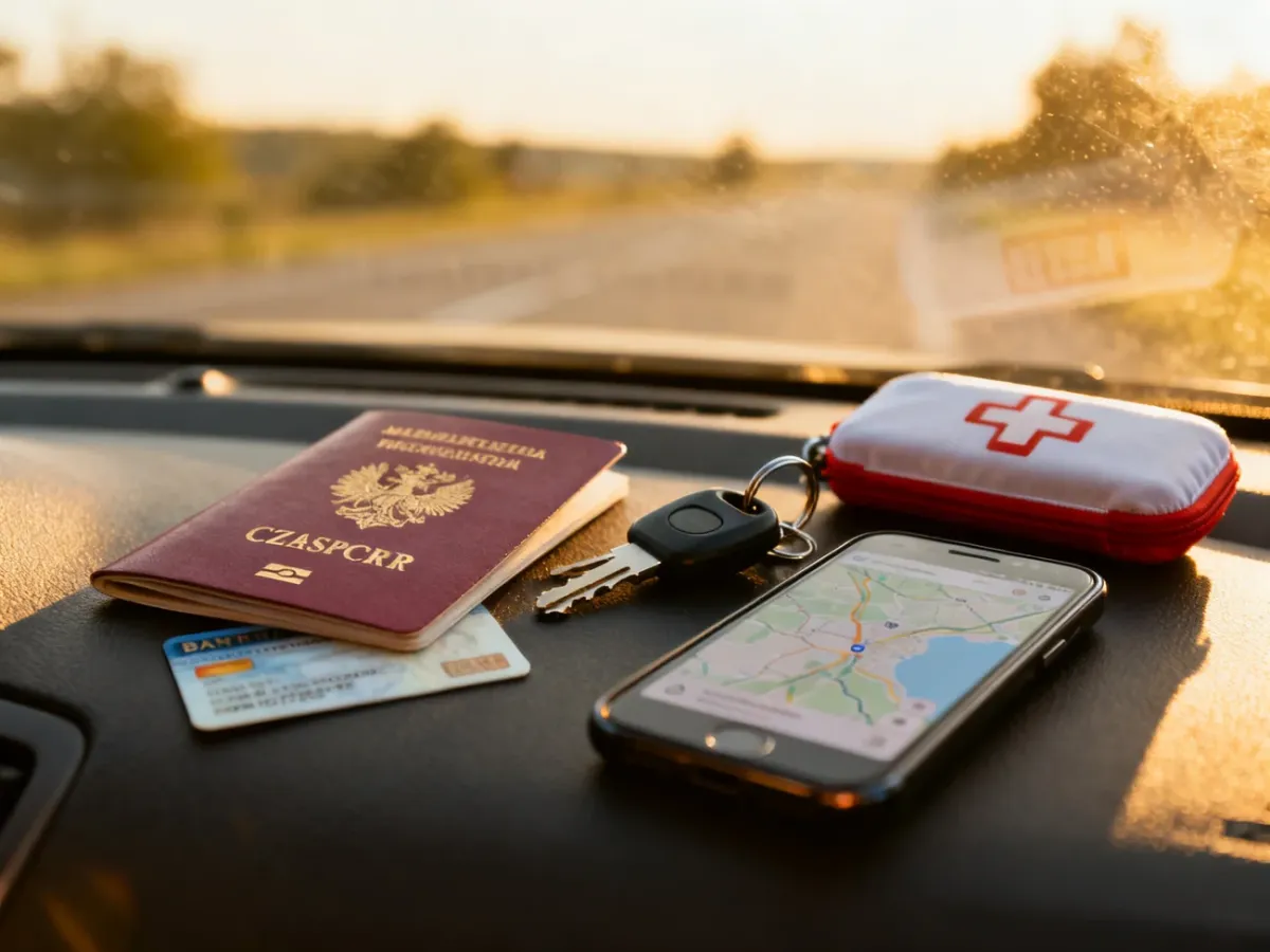 Dokumenty i wyposażenie przygotowane do podróży samochodem do Czech