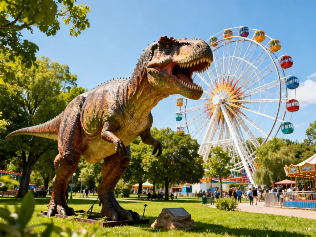 Animatroniczny dinozaur na tle parku rozrywki z kolorowym diabelskim młynem w słoneczny dzień.