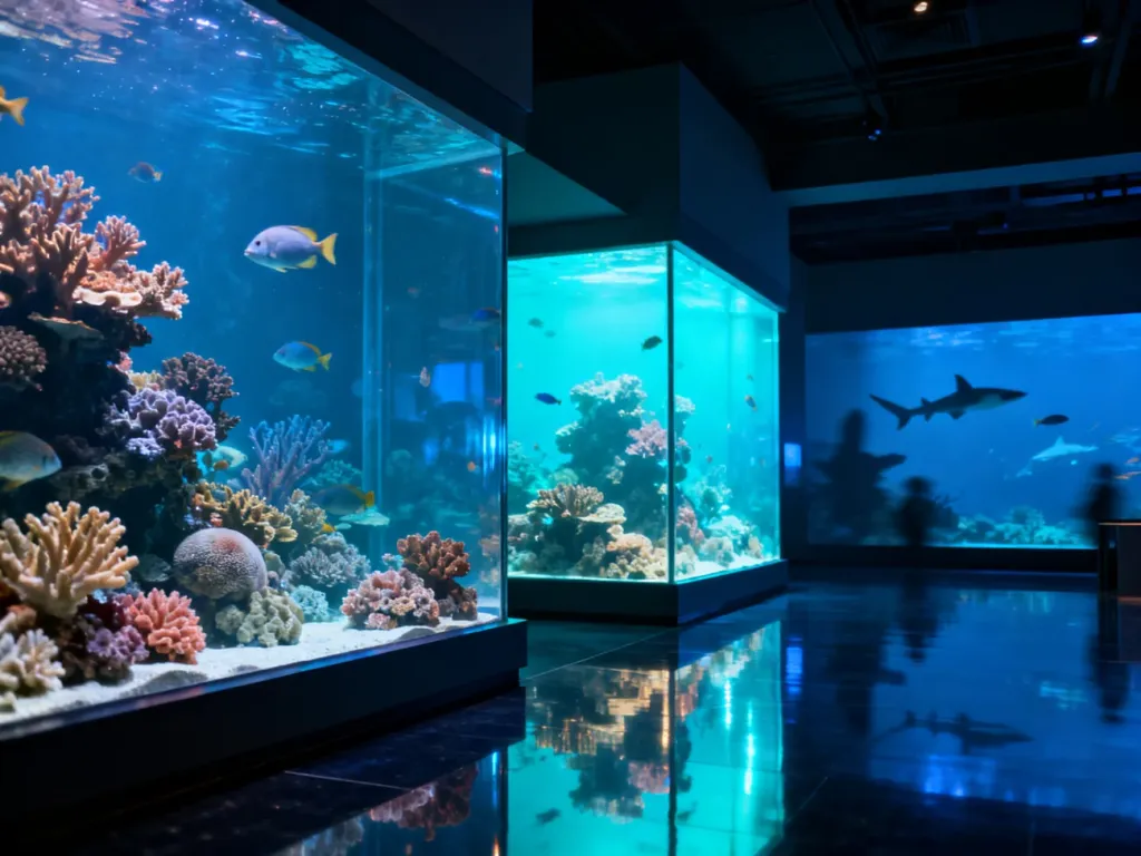 Wnętrze nowoczesnego oceanarium z podświetlonymi zbiornikami pełnymi egzotycznych ryb i raf koralowych.