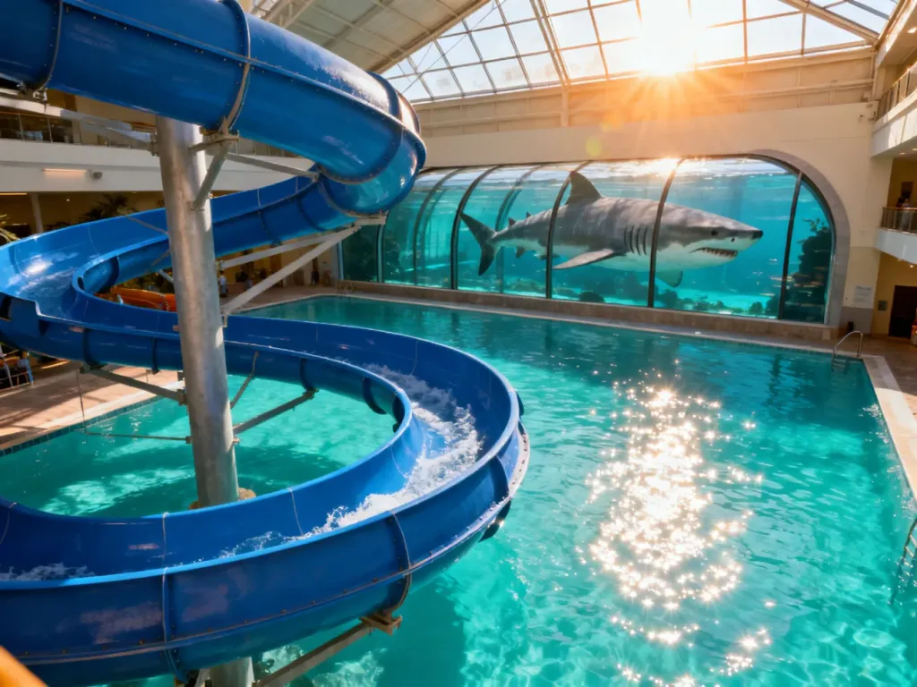 Widok z góry na aquapark z krętą zjeżdżalnią, basenem i przeszklonym tunelem z rekinami w tle.