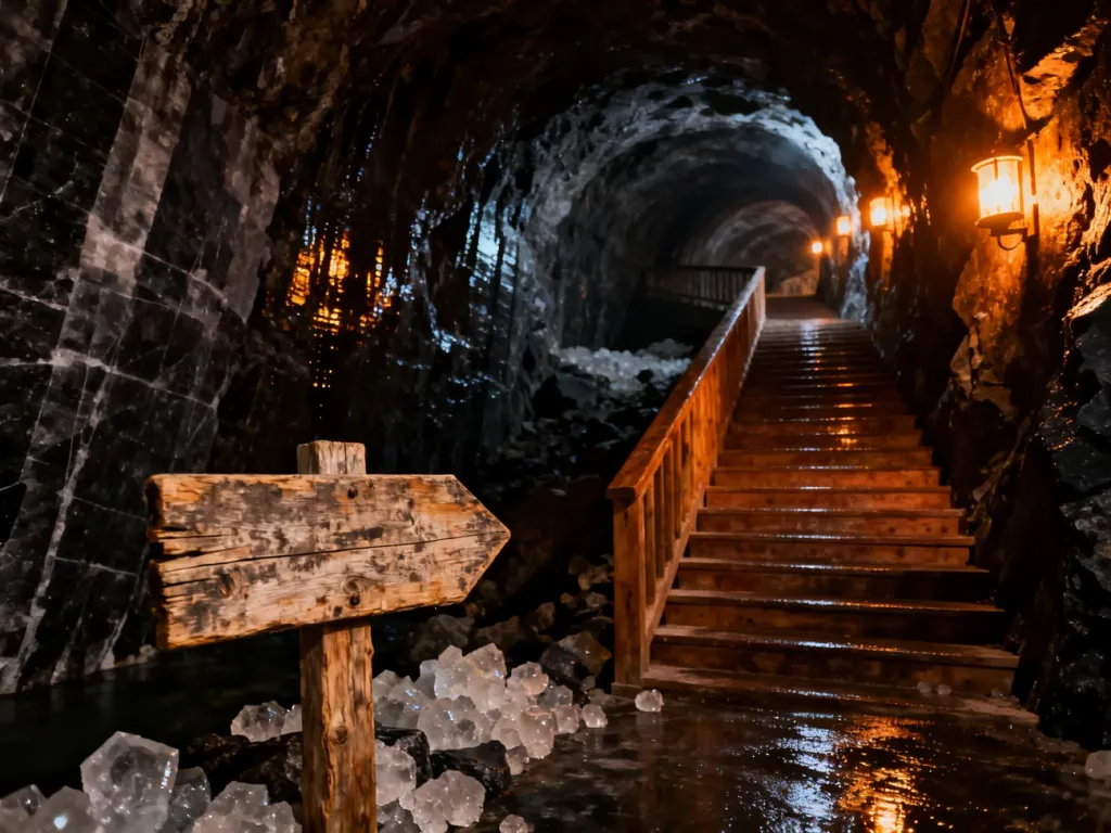 Wejście do zabytkowych podziemi Kopalni Soli w Wieliczce z nastrojowym oświetleniem i drewnianymi schodami prowadzącymi w głąb.